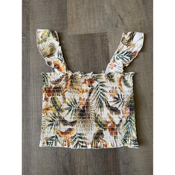 Billabong Tops - Billabong Cream Tropical Floral Smocked Crop Top Women M Ruffle Strap Boho Beach